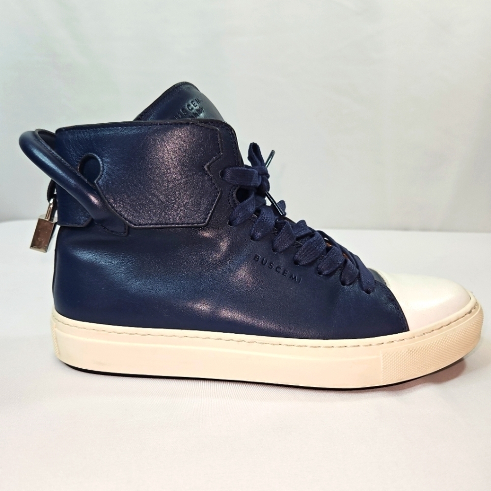 Buscemi Navy Blue Italian Leather Hi Top Sneakers With Padlock Size 40/US 7